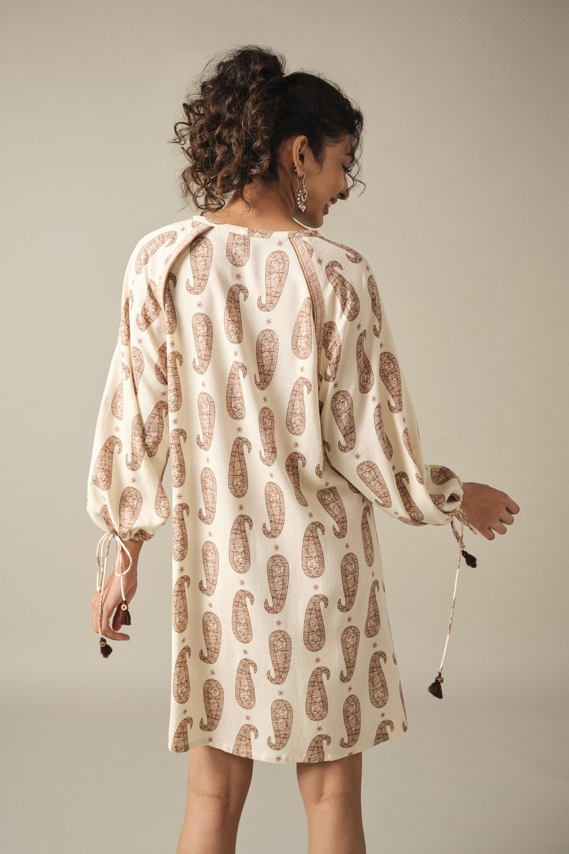 Paisley Print Short Shift Dress in Creme, Cream, image 5